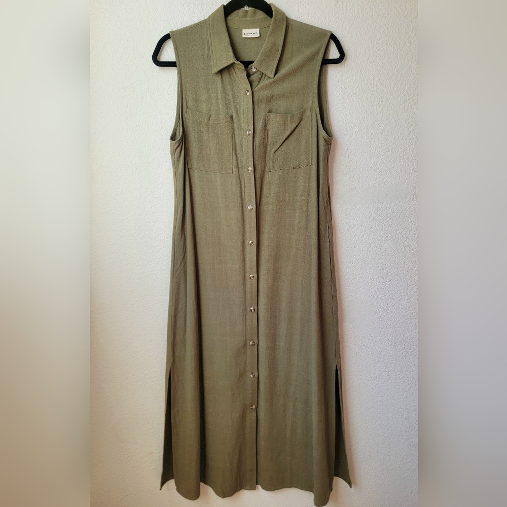 Three Bird Nest Olive Sleeveless Button-Down Dress